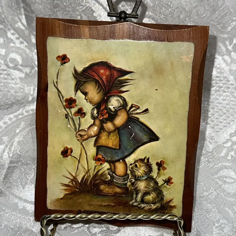 Vintage Evans Wooden Wall Hanging - Girl & Kitten